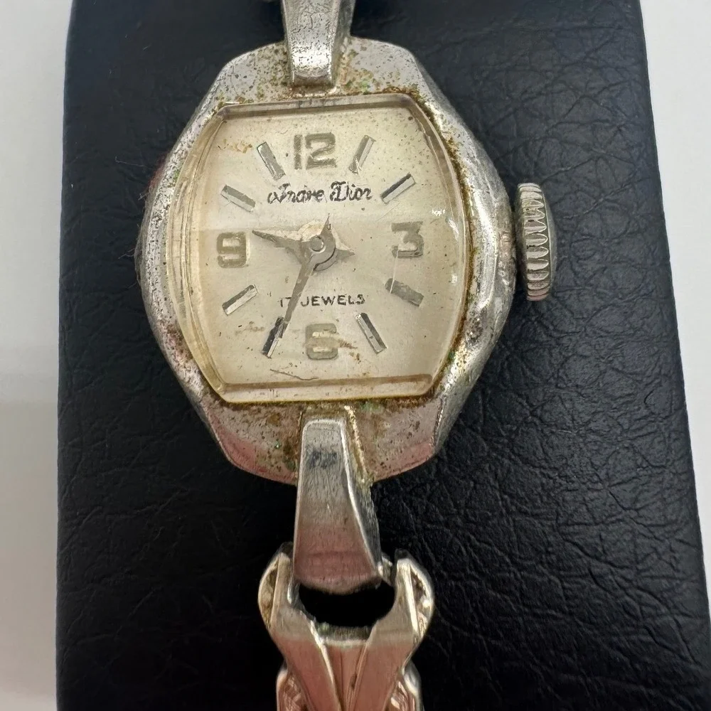 Vintage Andre Dior 17 Jewels Manual Wind Watch Silver Tone For Parts Repair